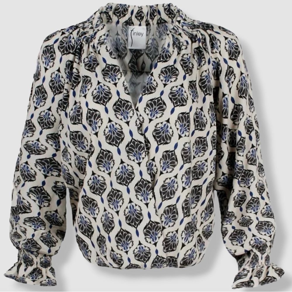 Finley Ivory Brette Medallion-Print Ruffle Sleeve Wrap Style Blouse Size XL